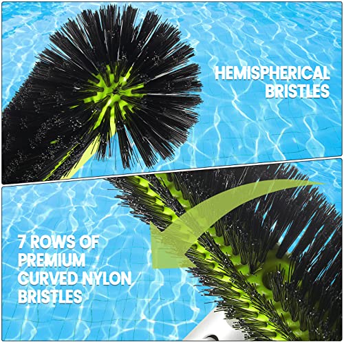 Swimming Pool Wall & Tile Brush, with Round Ends,17.5" Heavy Duty Aluminum Back Head for Cleans Walls, Tiles & Floors, 7 Rows Premium Nylon Bristles with EZ Clips (Green Black)