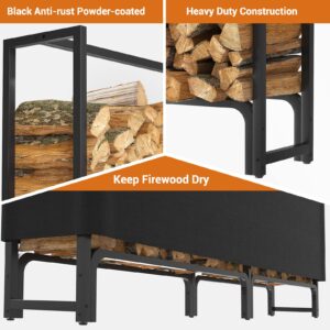 Unikito 8ft Black Anti-Rust Powder Coated Steel Firewood Rack with Waterproof Cover, for Outdoor Fire Pit, Patio, Porch, Backyard Deck