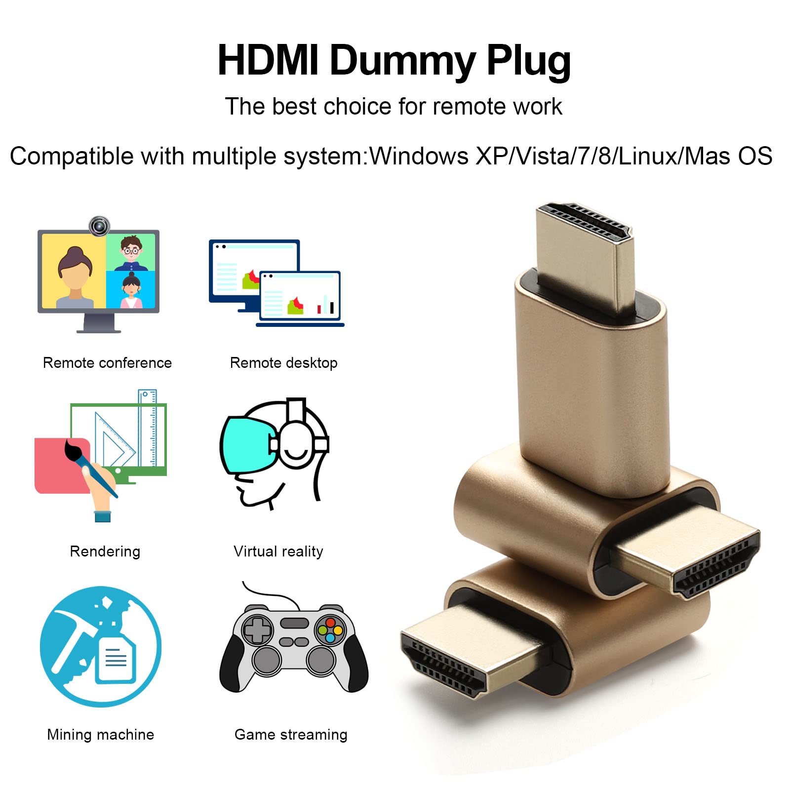 PCERCN HDMI Dummy Plug, 1080P 4K Virtual Monitor Display Emulator, Headless Display Adapter Supports up to 3840x2160@60Hz, Compatible with Windows Mac OSX Linux, Plug and Plug, (1 Pack)