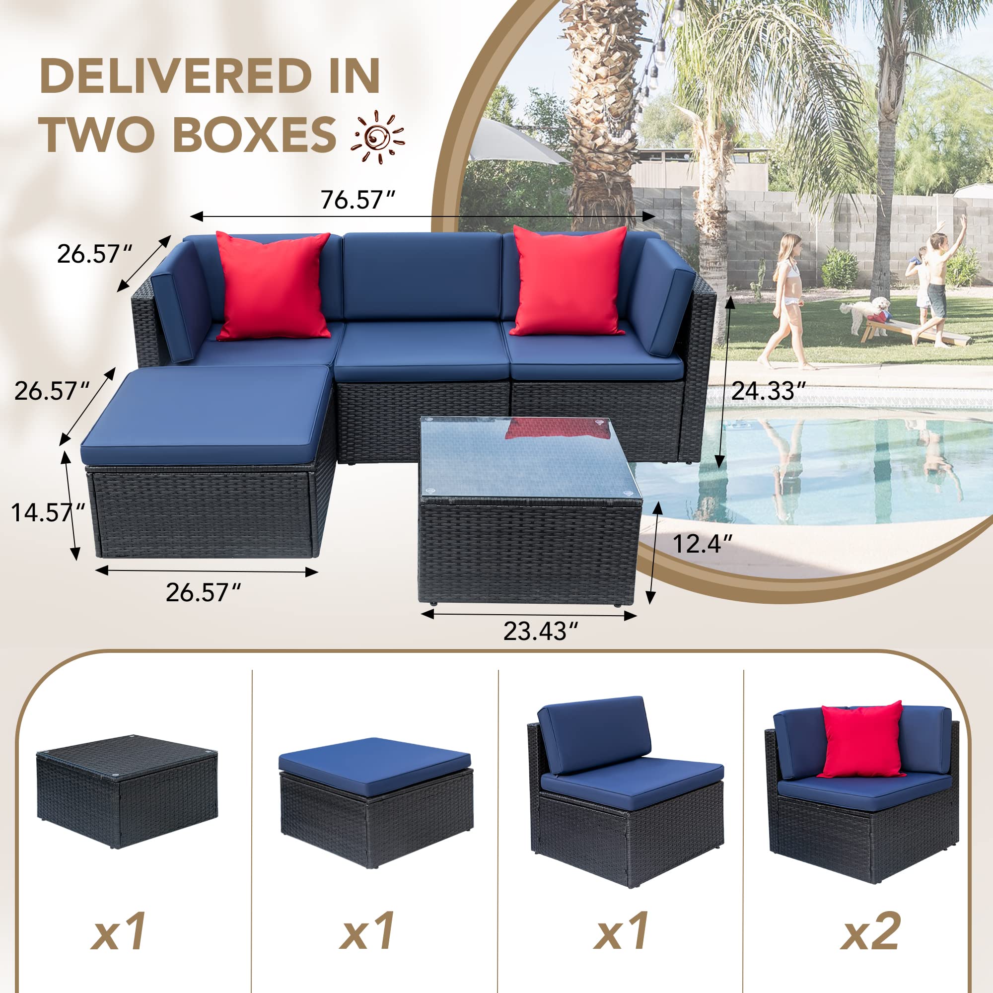 Devoko 5 Pieces Patio Furniture Sets All Weathevr Outdoor Sectional Patio Sofa Manual Weaving Wicker Rattan Patio Seating Sofas with Cushion and Glass Table (Navy Blue)