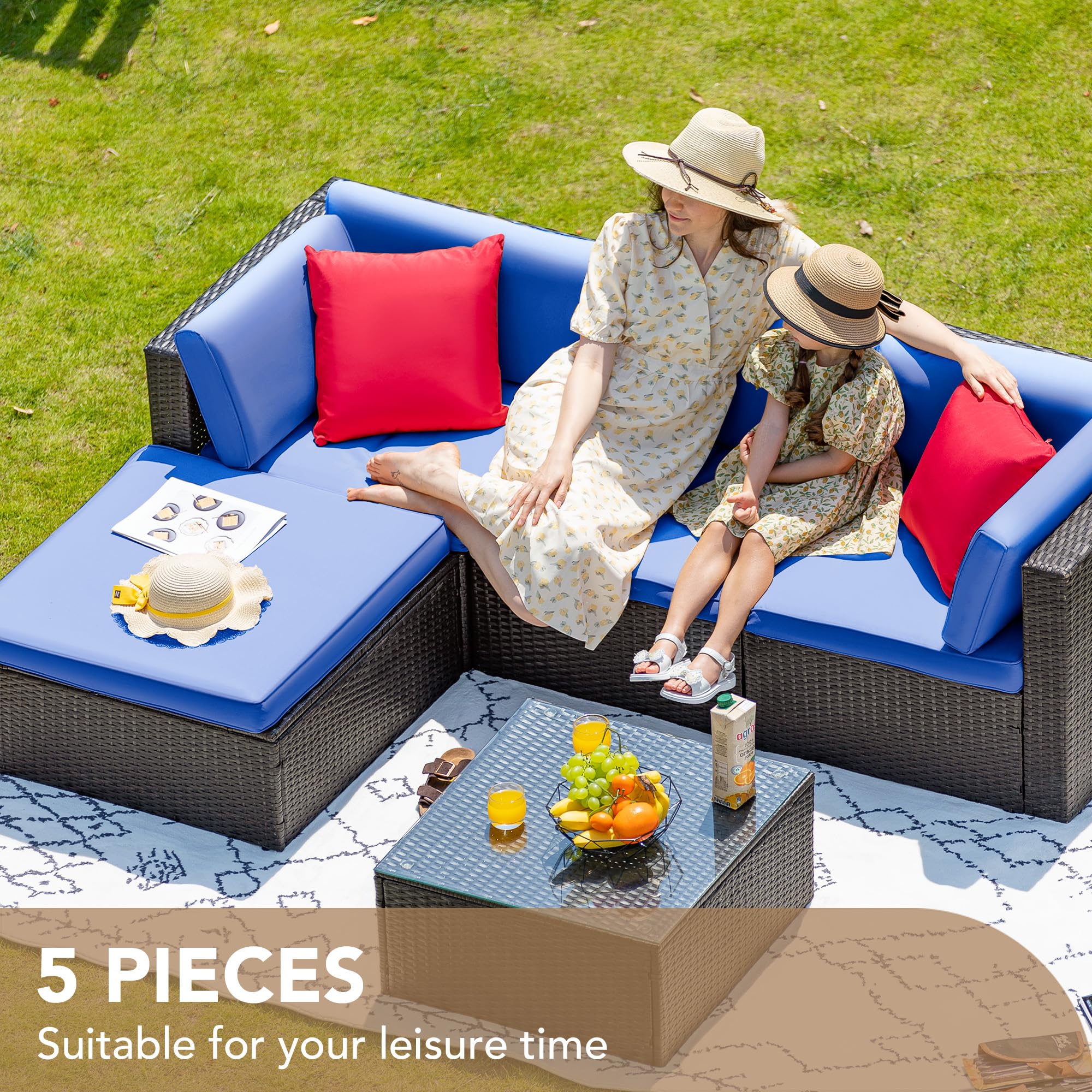 Devoko 5 Pieces Patio Furniture Sets All Weathevr Outdoor Sectional Patio Sofa Manual Weaving Wicker Rattan Patio Seating Sofas with Cushion and Glass Table (Navy Blue)