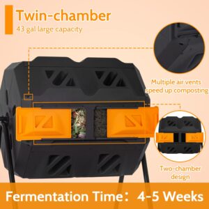 Composting Bins 43 Gallon Outdoor Tumbling Compost Bin Compost Tumbler Bucket Trash Can w/Dual Chamber Sliding Doors for Garden Patio,Orange Door