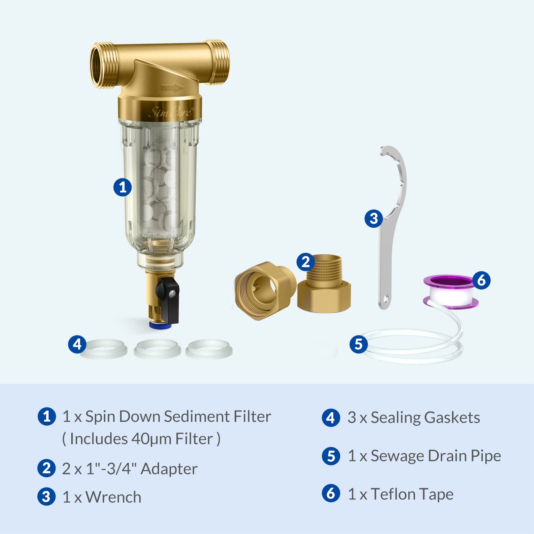 SimPure DC5S 40 Micron Spin Down Sediment Filter, Reusable Whole House Sediment Water Filter Softener with Siliphos Helps Prevent Scale and Corrosion, 1" MNPT + 3/4" FNPT + 3/4"MNPT, BPA Free