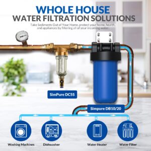 SimPure DC5S 40 Micron Spin Down Sediment Filter, Reusable Whole House Sediment Water Filter Softener with Siliphos Helps Prevent Scale and Corrosion, 1" MNPT + 3/4" FNPT + 3/4"MNPT, BPA Free