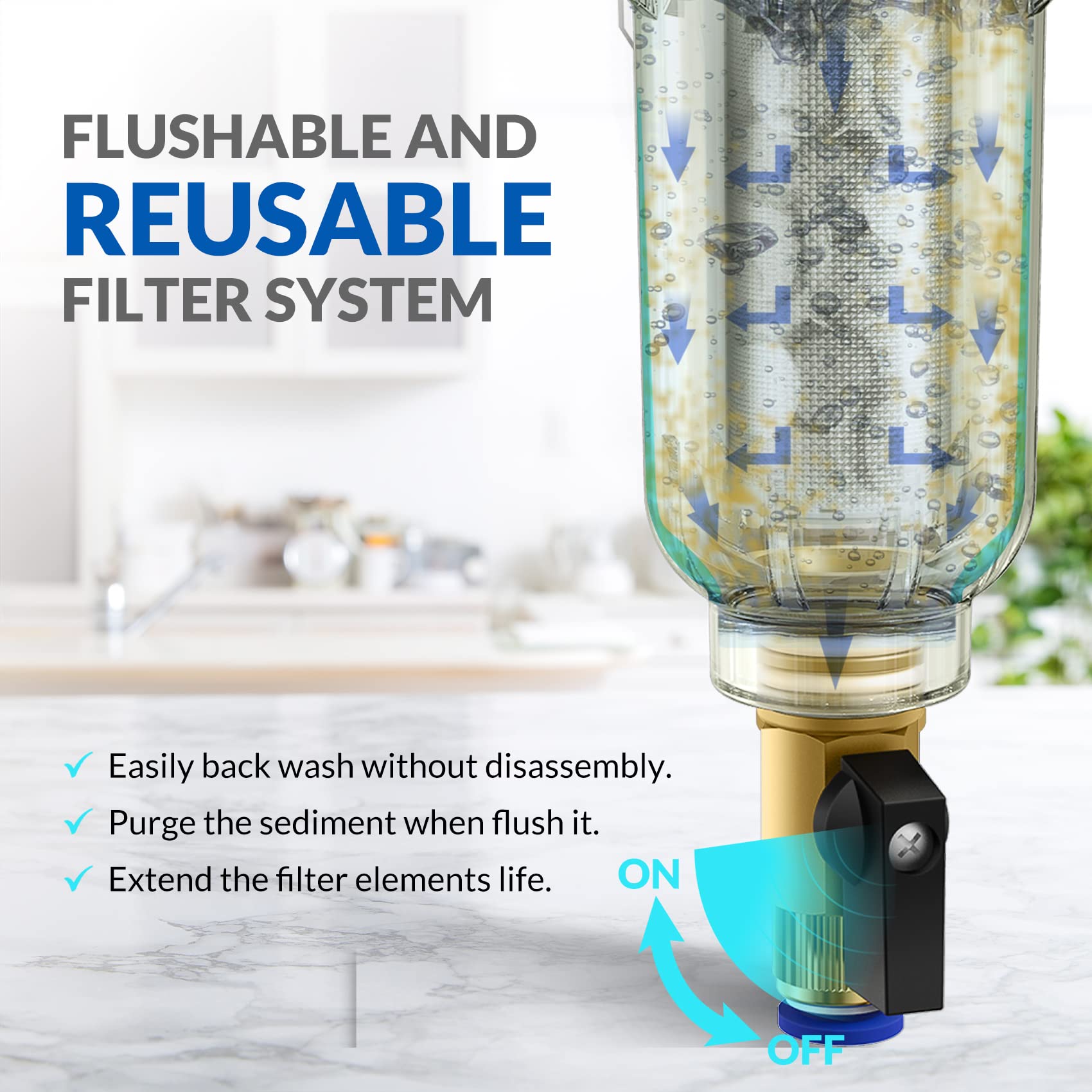 SimPure DC5S 40 Micron Spin Down Sediment Filter, Reusable Whole House Sediment Water Filter Softener with Siliphos Helps Prevent Scale and Corrosion, 1" MNPT + 3/4" FNPT + 3/4"MNPT, BPA Free