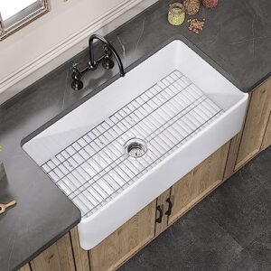 zuagco white farmhouse sink 33 inch fireclay apron front farm sink large capacity deep single bowl kitchen sinks with accessories protective bottom grid and strainer