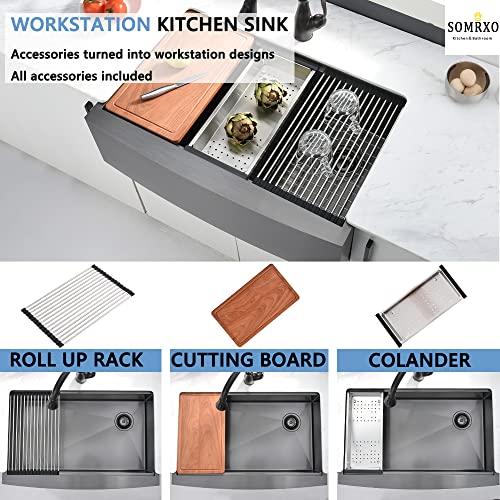 30 Inch Farmhouse Kitchen Sink Black Stainless Steel-SOMRXO Farmhouse Sink Workstation Kitchen Sink Black Stainless Steel Farmhouse Sink Single Bowl Kitchen Sink