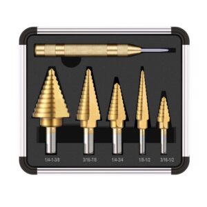 step drill bit set, 5 pcs titanium coated high speed steel step drill bits with 1 pc automatic center punch for drilling sheet metal, diy project