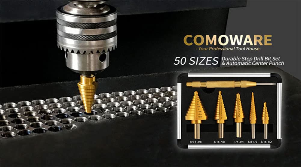 Step Drill Bit Set, 5 Pcs Titanium Coated High Speed Steel Step Drill Bits with 1 Pc Automatic Center Punch for Drilling Sheet Metal, DIY Project