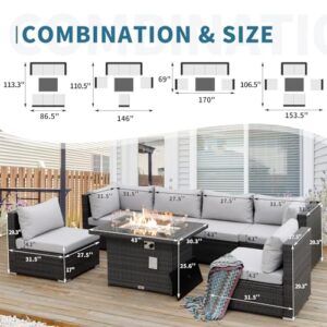 NICESOUL® 7Pcs High-End Extra Large Outdoor Patio Furniture Set with Natural Gas/Propane Firepits,Wicker Sectional Couches with Fire Table, 29.3''High Back Conversation Sofas