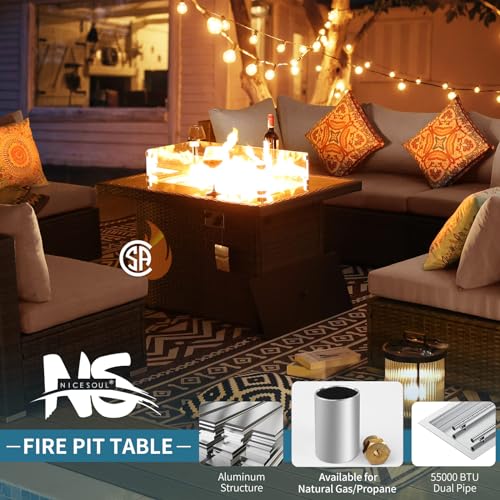 NICESOUL® 7Pcs High-End Extra Large Outdoor Patio Furniture Set with Natural Gas/Propane Firepits,Wicker Sectional Couches with Fire Table, 29.3''High Back Conversation Sofas