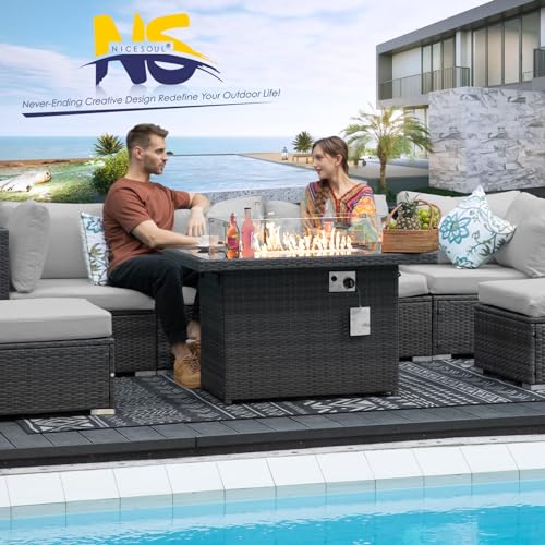 NICESOUL® 7Pcs High-End Extra Large Outdoor Patio Furniture Set with Natural Gas/Propane Firepits,Wicker Sectional Couches with Fire Table, 29.3''High Back Conversation Sofas