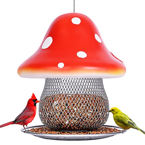 Red Bird Feeders, Mushroom Solar Bird Feeder for Outdoor Hanging, Metal Bird Feeder for Cardinal, Finche, Blue Jays, Chickadee, Sparrow and Wild Birds 3.5 lbs Seed Capacity, Gift for Bird Lovers