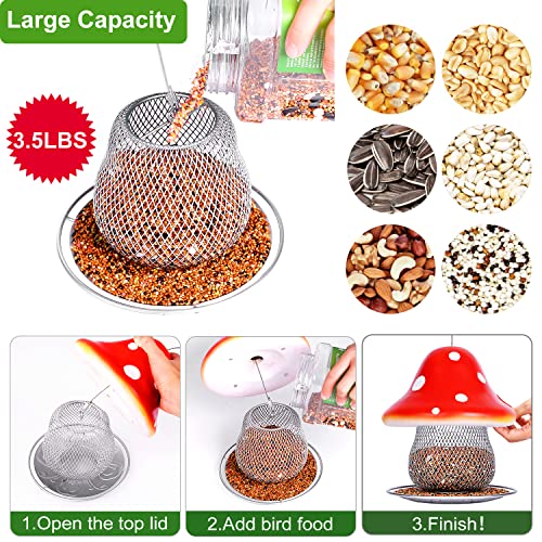 Red Bird Feeders, Mushroom Solar Bird Feeder for Outdoor Hanging, Metal Bird Feeder for Cardinal, Finche, Blue Jays, Chickadee, Sparrow and Wild Birds 3.5 lbs Seed Capacity, Gift for Bird Lovers