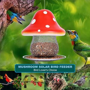 Red Bird Feeders, Mushroom Solar Bird Feeder for Outdoor Hanging, Metal Bird Feeder for Cardinal, Finche, Blue Jays, Chickadee, Sparrow and Wild Birds 3.5 lbs Seed Capacity, Gift for Bird Lovers