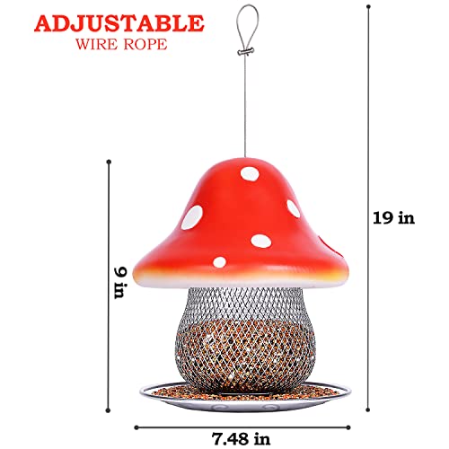 Red Bird Feeders, Mushroom Solar Bird Feeder for Outdoor Hanging, Metal Bird Feeder for Cardinal, Finche, Blue Jays, Chickadee, Sparrow and Wild Birds 3.5 lbs Seed Capacity, Gift for Bird Lovers