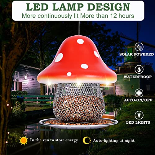 Red Bird Feeders, Mushroom Solar Bird Feeder for Outdoor Hanging, Metal Bird Feeder for Cardinal, Finche, Blue Jays, Chickadee, Sparrow and Wild Birds 3.5 lbs Seed Capacity, Gift for Bird Lovers