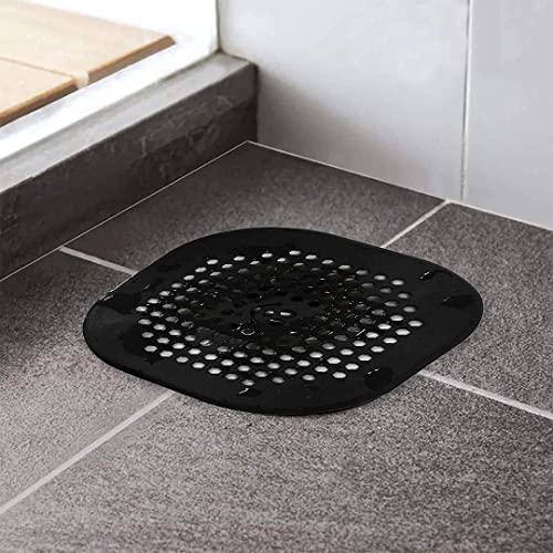 Shower Drain Hair Catcher - Silicone Square Drain Cover for Shower or Kitchen Drain - Catches Hair & Debris Without Blocking Drainage - 5.7- inch Square Drain with Suction Cups 2 Pack (Black)