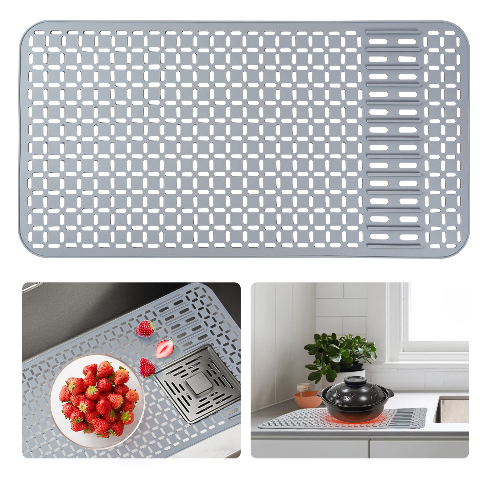 Silicone Sink Mat 26''x14'' Kitchen Sink Protector Mat With DIY Drain Hole, Grey Farmhouse Silicone Sink Mat Protector 1pcs Kitchen Sinks Accessories