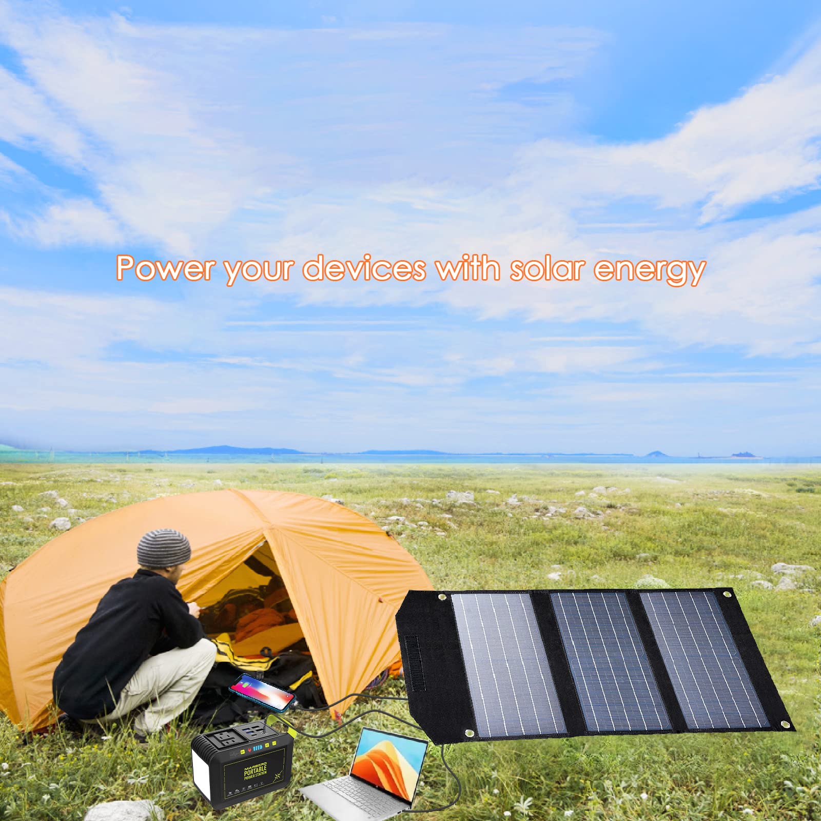 MARBERO 30W Portable Solar Panels, Foldable Solar Panel Battery Charger for Portable Power Station Generator, Ipad, Laptop, QC3.0 USB Ports & DC Output, for Camping Van RV Trip