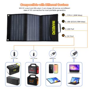 MARBERO 30W Portable Solar Panels, Foldable Solar Panel Battery Charger for Portable Power Station Generator, Ipad, Laptop, QC3.0 USB Ports & DC Output, for Camping Van RV Trip