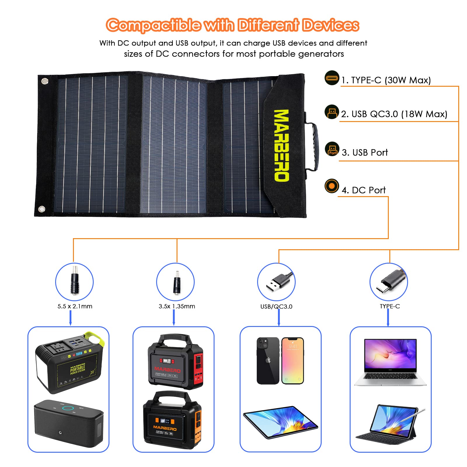 MARBERO 30W Portable Solar Panels, Foldable Solar Panel Battery Charger for Portable Power Station Generator, Ipad, Laptop, QC3.0 USB Ports & DC Output, for Camping Van RV Trip