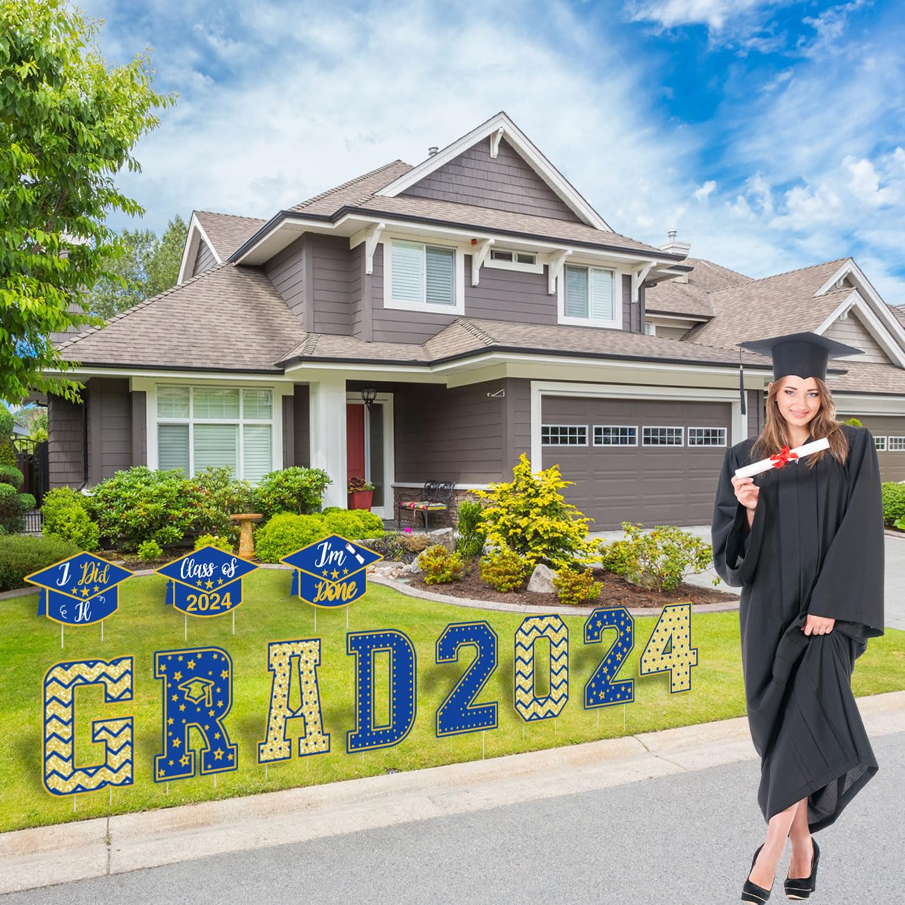 2024 Graduation Yard Sign Decoration Blue and Gold Congrats Graduation Lawn Signs with 22 Stakes for Outdoor Congrats Graduation Party Decoration Class of 2024 Supplies