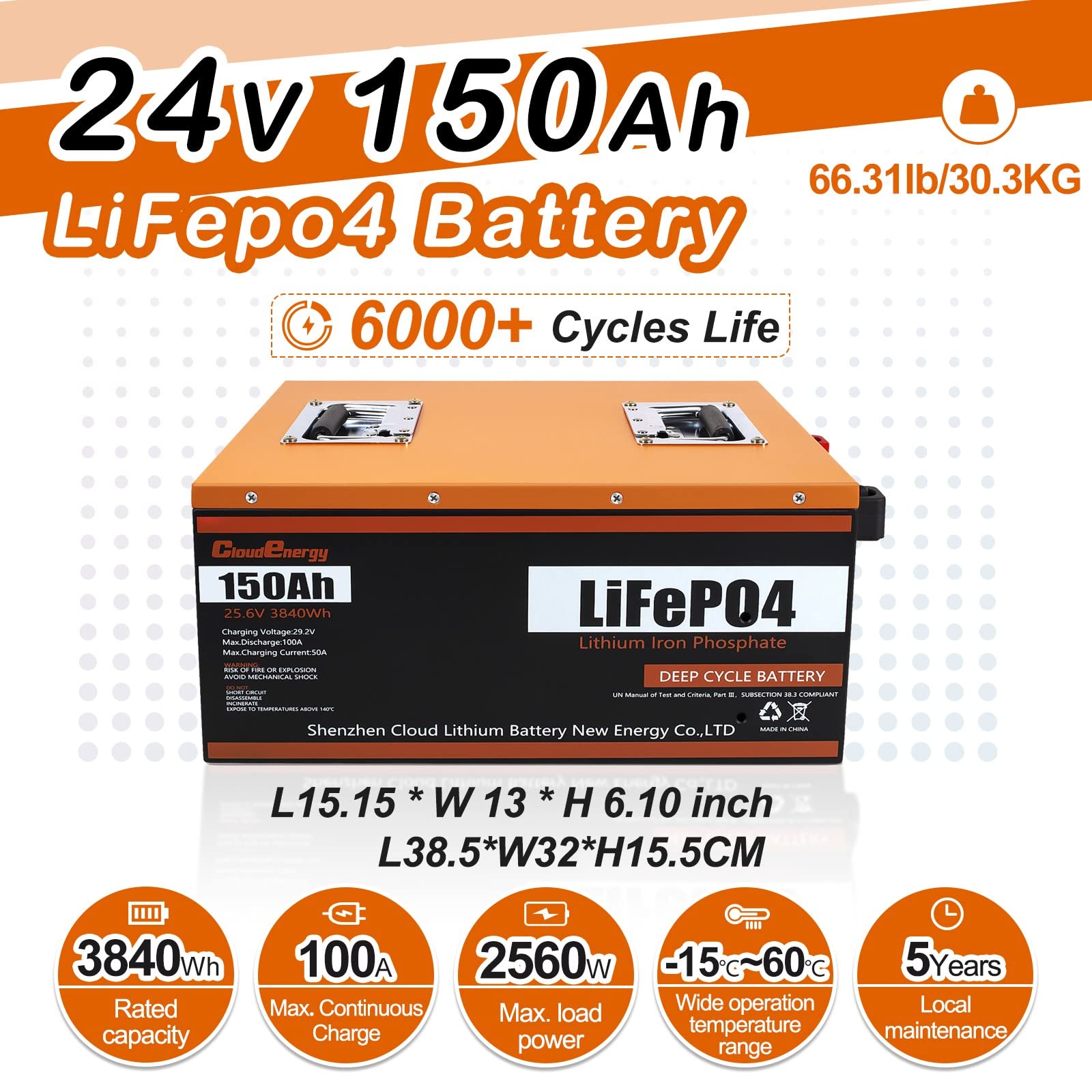 CloooudPro 24V 150Ah LiFePO4 Battery 8000+ Deep Cycle Luthium Battery 3.84kWh Capacity with Longer Runtime, Built-in 100A BMS, Perfect in Solar/Energy Storage System, RV, Backup Power, etc.