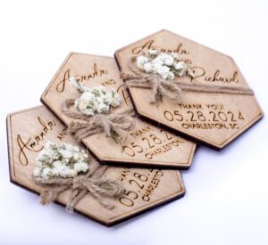 vitawed hexagon floral wedding favors, personalized wedding favor, wooden magnet with envelopes and stickers, pack of 8 to 300