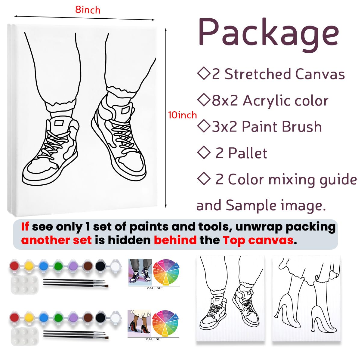 VALLSIP 2 Pack Paint and Sip Canvas Painting Kit Pre Drawn Canvas for Painting for adults Stretched Canvas Couples Games Date Night Shoe Paint Party Favor (8x10)