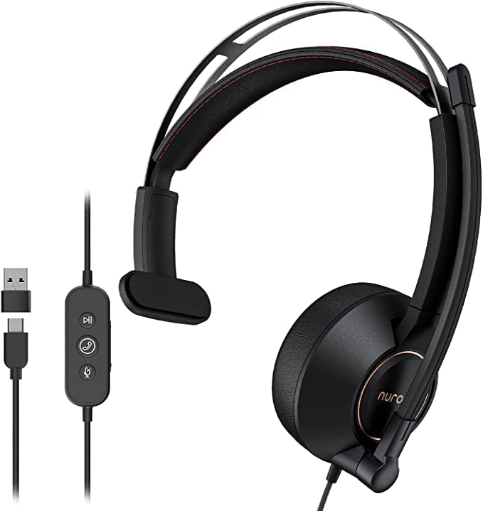 NUROUM Single Ear Computer Headset with Microphone,Wired AI Noice Cancelling Headset with USB in-line Control,USB/Type-C/3.5mm Jack for Calling/Gaming/Conference/Music