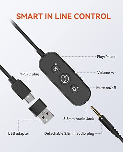 NUROUM Single Ear Computer Headset with Microphone,Wired AI Noice Cancelling Headset with USB in-line Control,USB/Type-C/3.5mm Jack for Calling/Gaming/Conference/Music