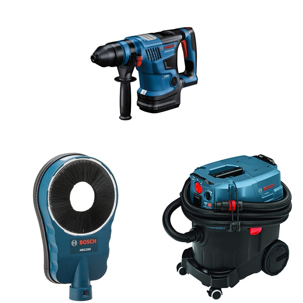 BOSCH GBH18V-34CQN 18V Brushless 1-1/4" SDS-plus Rotary Hammer (Bare Tool), HDC250 SDS-max® Core Bit Dust Collection Attachment, and VAC090AH 9 Gallon Dust Extractor