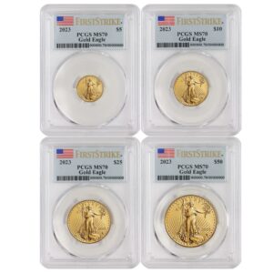2023 set of (4) american gold eagle coins ms-70 (first strike - flag label) $50, 25, 10, 5 pcgs ms70