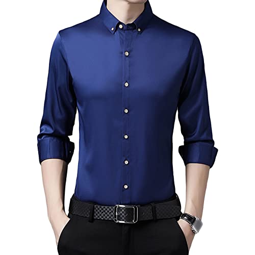 Men's Long Sleeve Stylish Shirts Solid Color Lightweight Slim Shirts Classic Business Button Down Dress Shirt (Dark Blue,Medium)