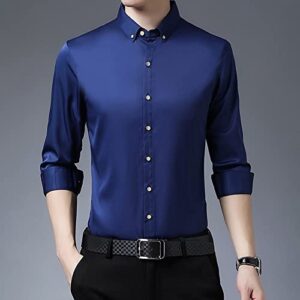 Men's Long Sleeve Stylish Shirts Solid Color Lightweight Slim Shirts Classic Business Button Down Dress Shirt (Dark Blue,Medium)