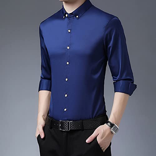 Men's Long Sleeve Stylish Shirts Solid Color Lightweight Slim Shirts Classic Business Button Down Dress Shirt (Dark Blue,Medium)