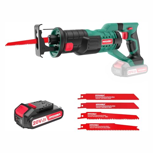 HYCHIKA Reciprocating Saw, 18V MAX Cordless Saw with 2.0Ah Battery, 2800SPM,7/8" Stroke Length, Variable Speed, Tool-Free Blade Change, 4 Saw Blades for Wood & Metal Cutting