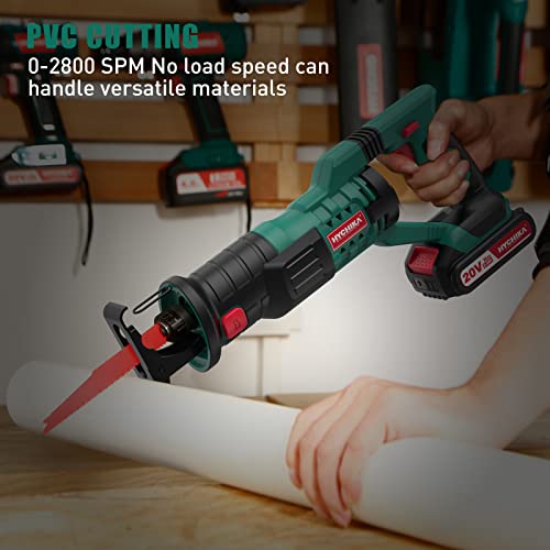 HYCHIKA Reciprocating Saw, 18V MAX Cordless Saw with 2.0Ah Battery, 2800SPM,7/8" Stroke Length, Variable Speed, Tool-Free Blade Change, 4 Saw Blades for Wood & Metal Cutting