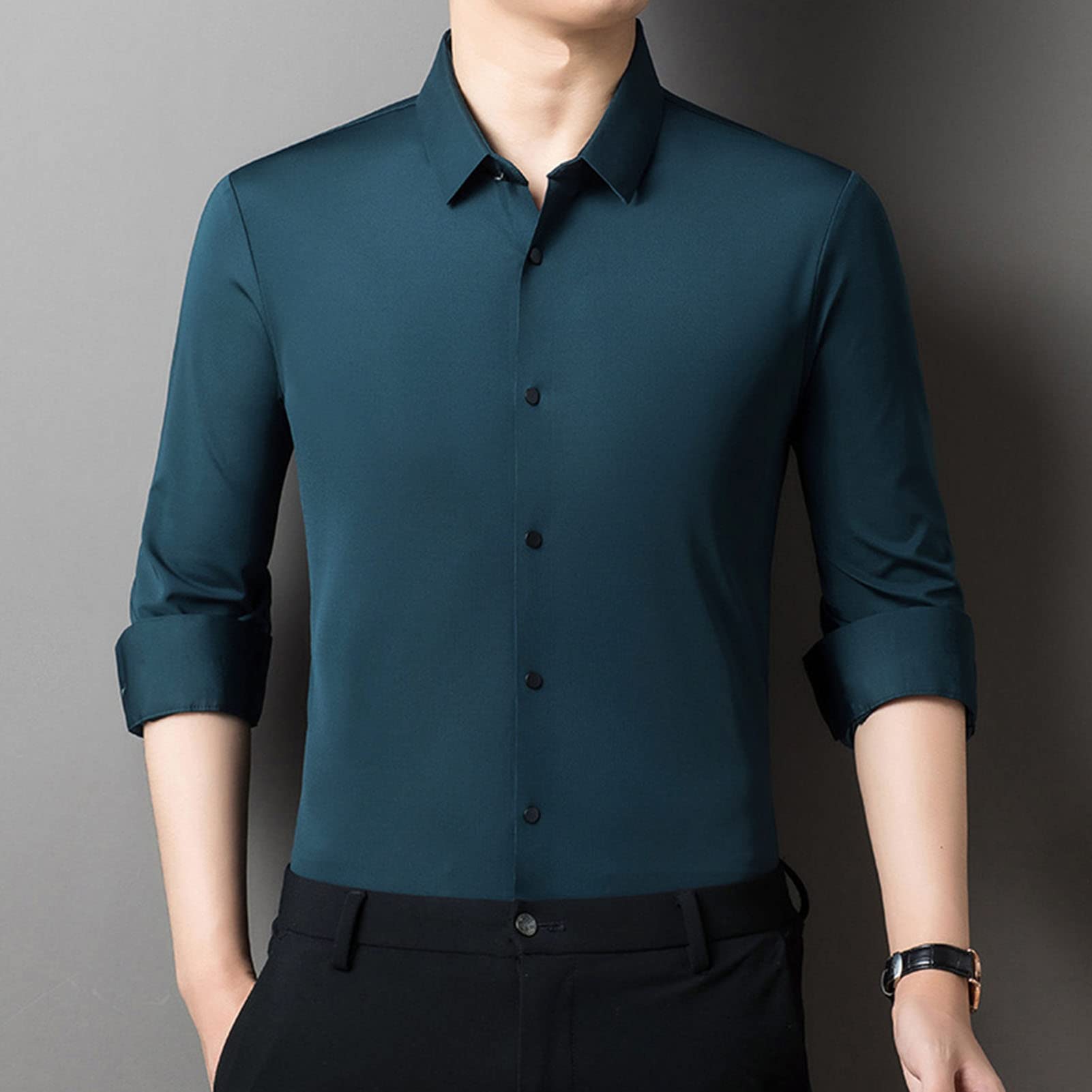 Long Sleeve Stylish Shirts for Men Solid Lightweight Slim Shirts Classic Casual Business Button Down Dress Shirt (Dark Green,3X-Large)