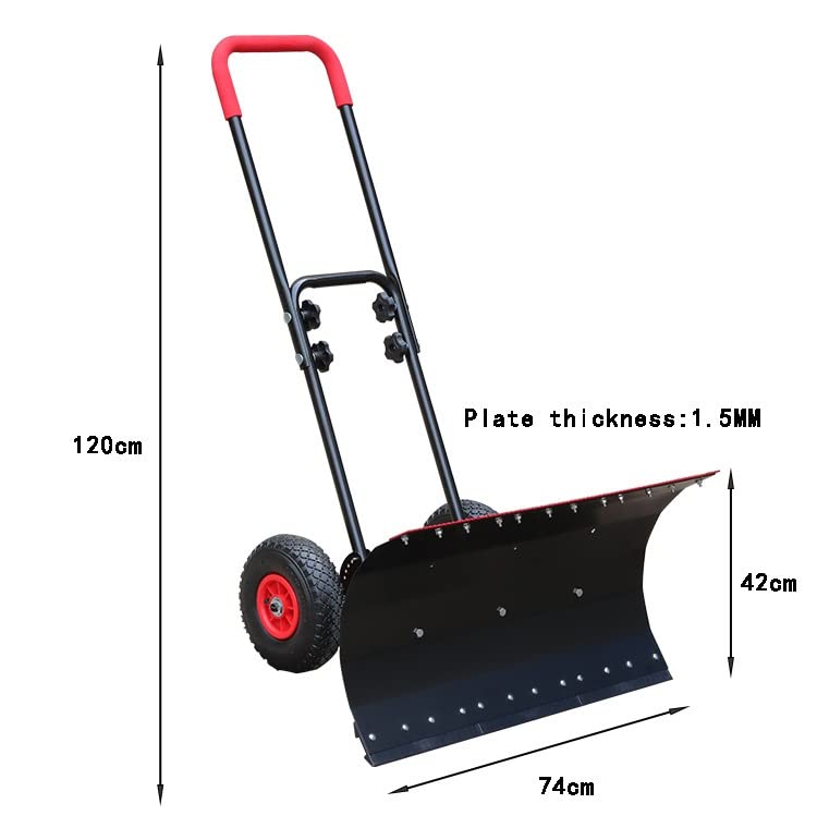 Snow Plow Snow Dump Snow Shovel with Wheels, Shovel Wheeled Snow Pusher Angle & Height Adjustable Wheeled Snow Plow Hand Pushed Snow and Ice Scoop Double Pole: 74 * 42 cm