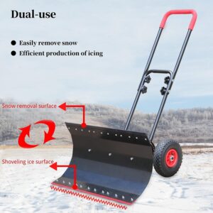 Snow Plow Snow Dump Snow Shovel with Wheels, Shovel Wheeled Snow Pusher Angle & Height Adjustable Wheeled Snow Plow Hand Pushed Snow and Ice Scoop Double Pole: 74 * 42 cm