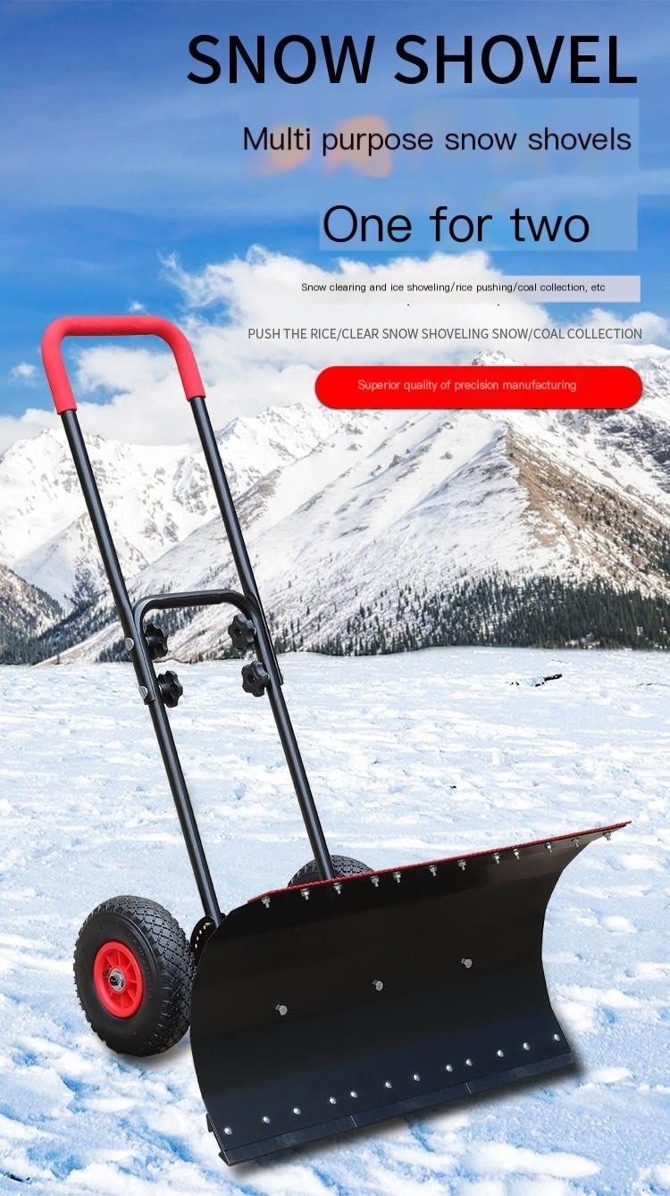 Snow Plow Snow Dump Snow Shovel with Wheels, Shovel Wheeled Snow Pusher Angle & Height Adjustable Wheeled Snow Plow Hand Pushed Snow and Ice Scoop Double Pole: 74 * 42 cm