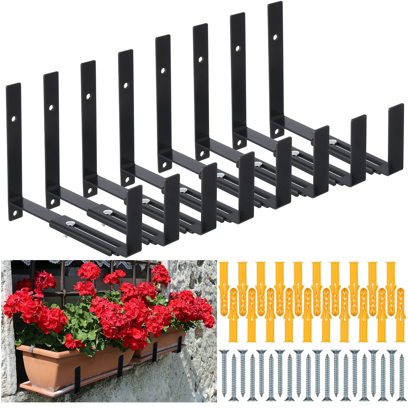 Weysat 8 Packs Window Planter Box Brackets Adjustable Planter Box Brackets Flower Box Brackets for Railings Wall Mount Heavy Duty Holder for Patio Balcony Garden Planter Boxes 6 to 12 Inches, Black