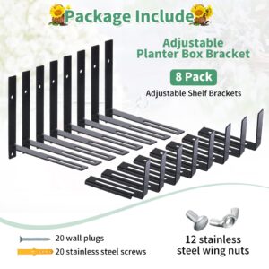 Weysat 8 Packs Window Planter Box Brackets Adjustable Planter Box Brackets Flower Box Brackets for Railings Wall Mount Heavy Duty Holder for Patio Balcony Garden Planter Boxes 6 to 12 Inches, Black