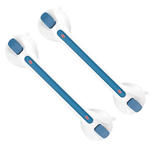 2 Pack Suction Cups Grab Bar 16 Inch, Zepolu Anti-Slip Bathroom Grab Bar Safety Balance Handrail, Handicap Elderly Senior Injury Disable Vacuum Suction Assist Shower Handle (1.25" Diameter, Blue)