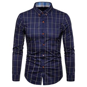 men plaid long sleeve button down shirts striped lightweight slim fit shirt classic stylish business dress shirts (dark blue,x-large)