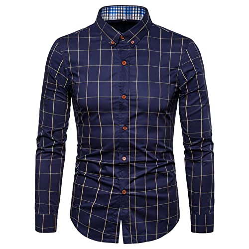 Men Plaid Long Sleeve Button Down Shirts Striped Lightweight Slim Fit Shirt Classic Stylish Business Dress Shirts (Dark Blue,X-Large)