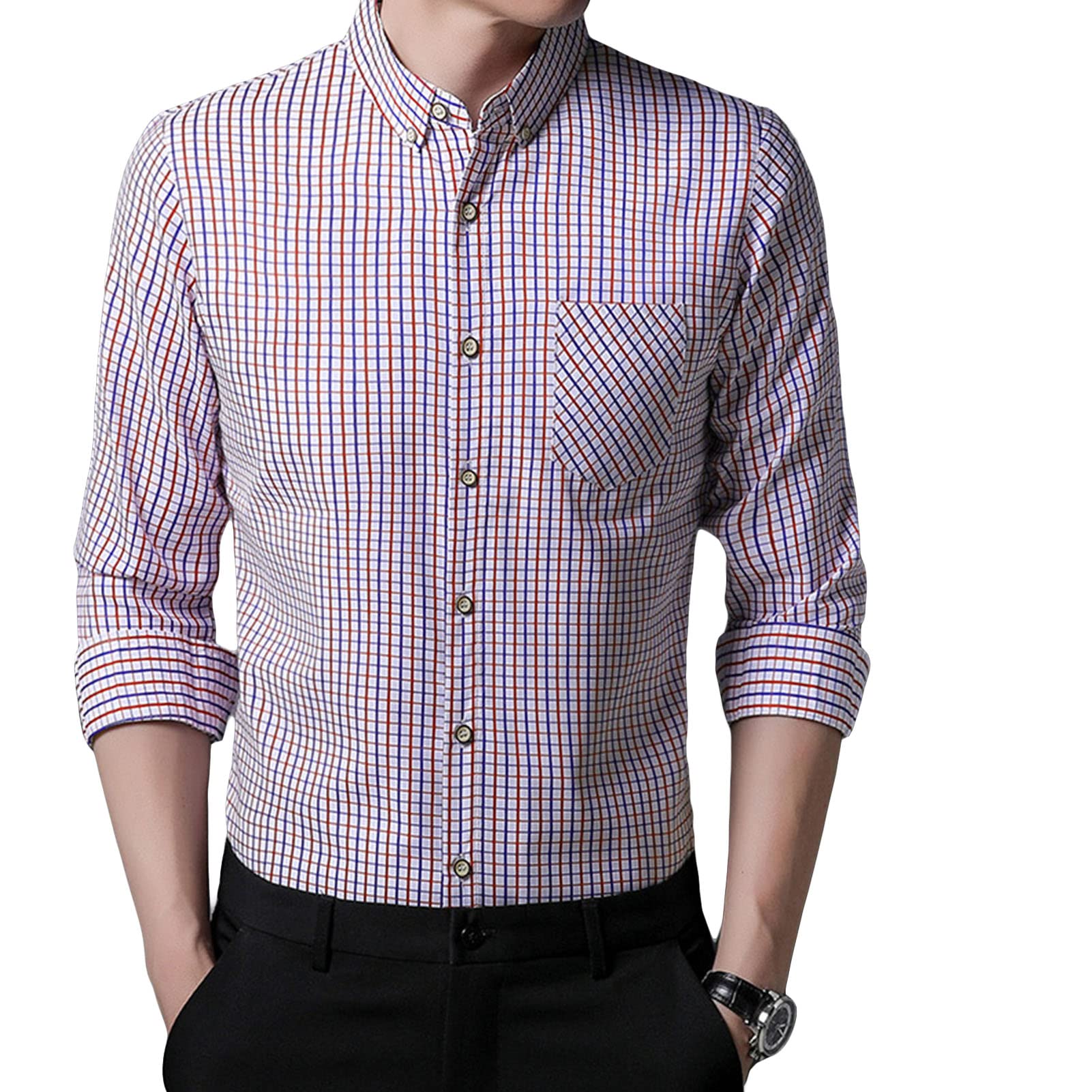Men's Plaid Long Sleeve Stylish Shirts Striped Lightweight Slim Shirts Classic Business Button Down Dress Shirt (Red,3X-Large)