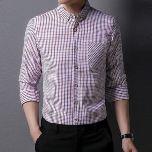 Men's Plaid Long Sleeve Stylish Shirts Striped Lightweight Slim Shirts Classic Business Button Down Dress Shirt (Red,3X-Large)
